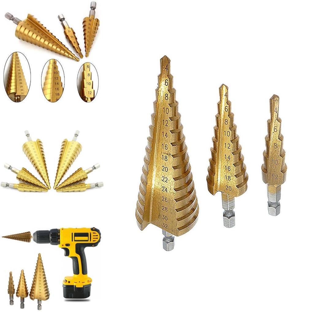 Versatile 3 Pcs 4-12/20/32mm Large Hss Steel Step Cone Drill Titanium Bit Hole Cutter Set For Various Materials