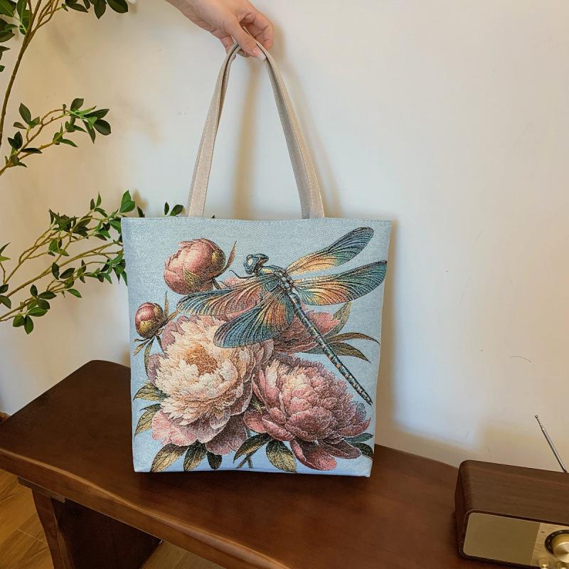 Vintage Embroidery Women's Bags Large Capacity Ethnic Style Commuter Shoulder Bag Ladies Cotton Linen Tote Shopping Bag