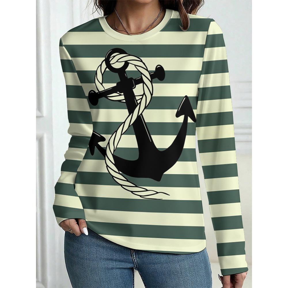 Damen T-Shirt Outdoor Freizeit Langarm Gestreift Anker Muster 3D Druck Oberteile Straße Rundhals Herbst Übergroß Kleidung