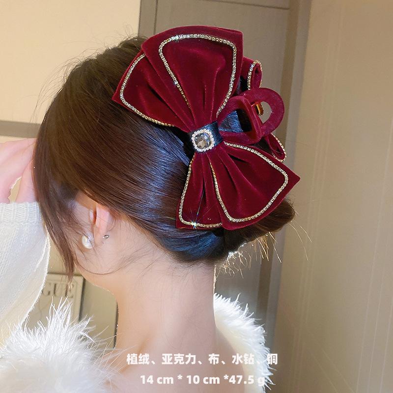 New Year Red Autumn and Winter Velvet Bead Diamond Bow Hairpin Sweet Internet Celebrity Head Senior Hair Accessories