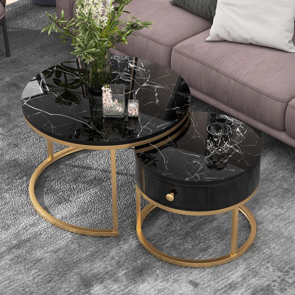 Couchtisch Rund, Satztisch 2er Set, Moderne Nesting Kaffeetisch Schublade, Gold Marmormuster, Sofatische Schlafzimmer Balkon Büro, Schwarz