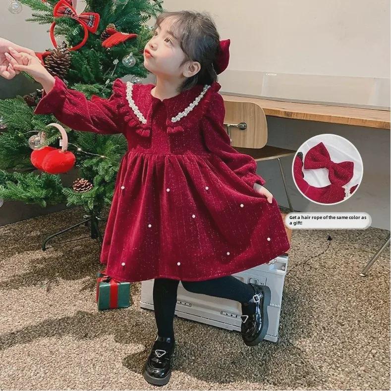 

«Новое платье из красного бархата и жемчуга для девочек 2024 года — коллекция осень/зима» 130 cm красный