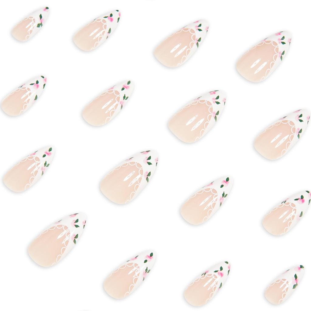 Simple White French Nail Tips with Leaves and Flowers Design, 24-Piece Wearable Set, European and American Style