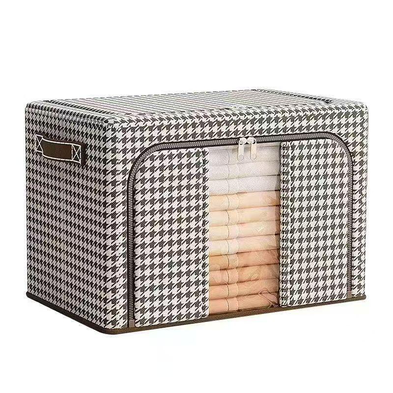 Houndstooth Foldable Storage Box with Lid - Moisture-Proof Organizer for Clothes, Duvets, and Toys
