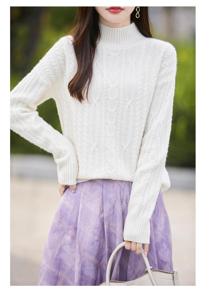 Autumn 100% Pure Wool Cable Knit Half-High Neck Sweater - Solid Color, Loose Fit