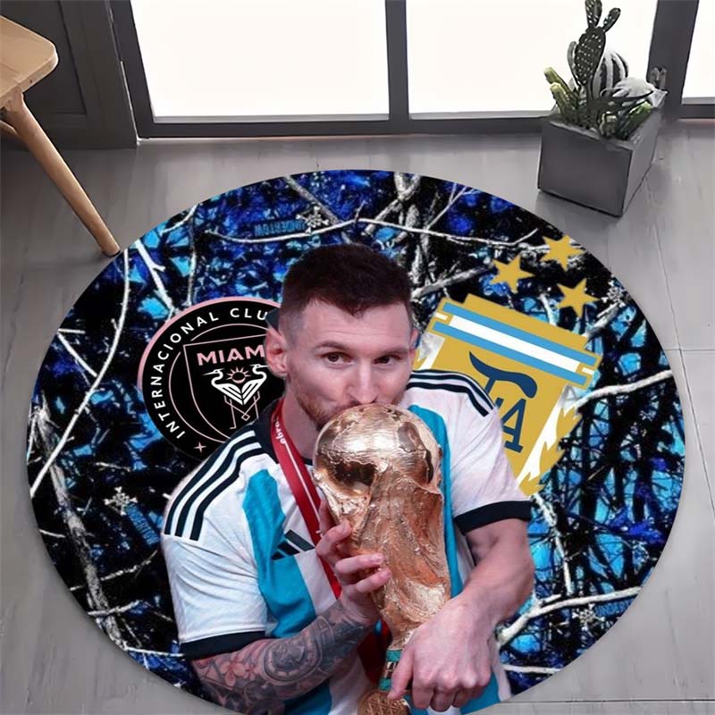 World Cup Trophy Soccer Star Portrait Print Round Area Rug Non‑Slip Circular Floor Mat Sport Fan Home Decor for Living Bedroom Gaming Room