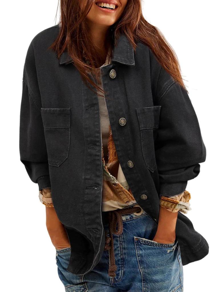 European & American Style Women's Denim Jacket with Large Pockets and Button Long Sleeves