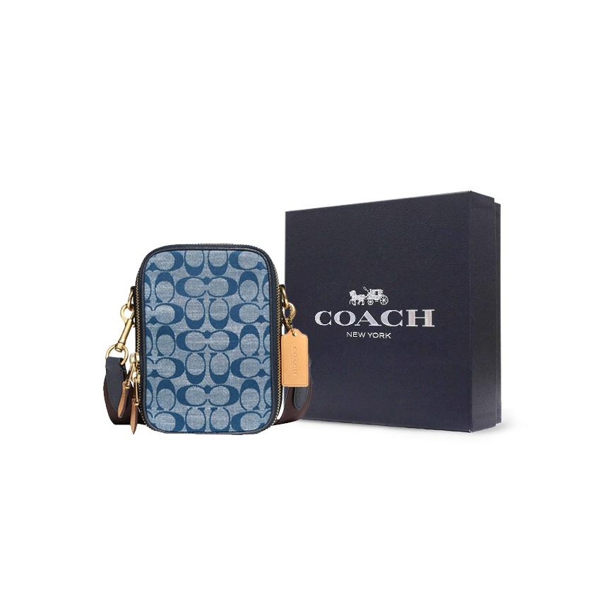 Coach Stanton 13 Floral Print Color Block Zipper Canvas And Leather Crossbody Bag Mini Men Bags Brass Denim-Blue C8235-B4EI