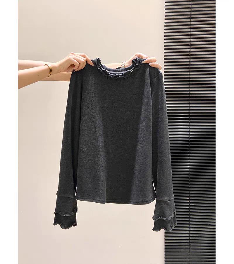 Korean Sweet Purple Patchwork Ruffle Long Sleeve Women s Slim Fit Top XL темно-серого