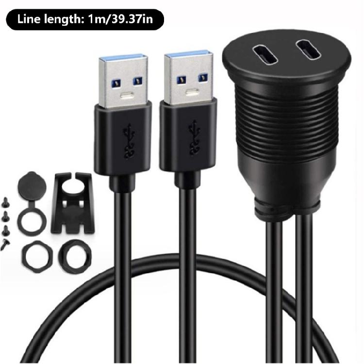 Waterproof Double USB 3.0 to Double Type C Chargers Extension Cable Panel Mount Cable for Car Dashboard Easy Installation