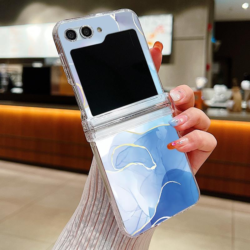 Ink Marble Pattern Clear Phone Case For Samsung Galaxy Z Flip5 Flip7 Flip6 Folding Hard Cover For Samsung Z Flip 7 6 5 4 3 5G