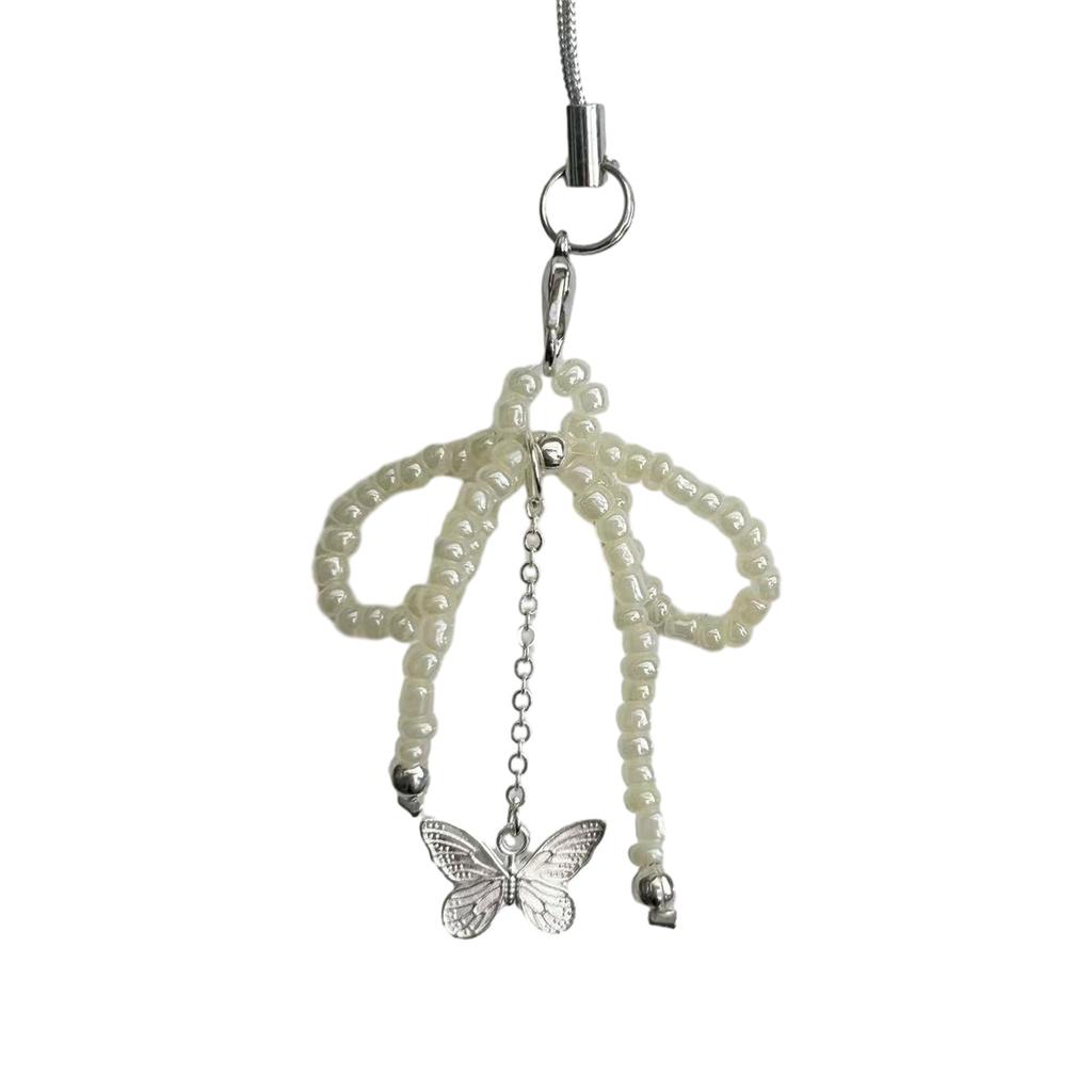 Sweet Beaded Bowknot Butterfly Charm Pendant Phone Strap Pocket Keychain Strap Hanging Decoration for Key Bag Purse