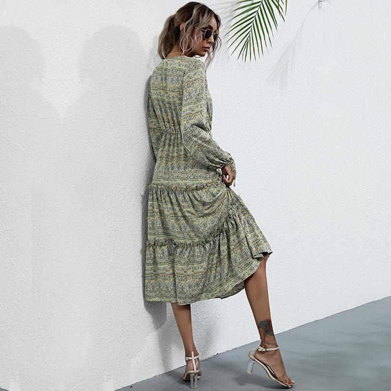 YYFS Women's Vintage Floral Print Long Sleeve V-Neck Casual Dresses