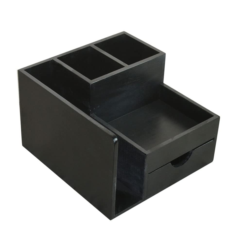 Juleduo Wooden Desktop Storage Organizer with Pen and Remote Control Rack Drawers, Bookshelf, Holder, (Black)