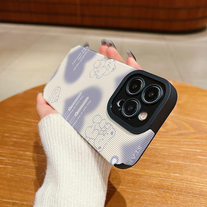 Vertical Grain Leather Cute Cartoon Bear Printed Soft Silicone Phone Case Back Cover with Camera Lens Full Protection for Samsung