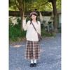 Japanese Preppy Style Autumn Winter Women Brown Plaid Skirt Elastic Waist Thicken Woolen Warm Skirt Elegant Wool Basic A-Line Skirt