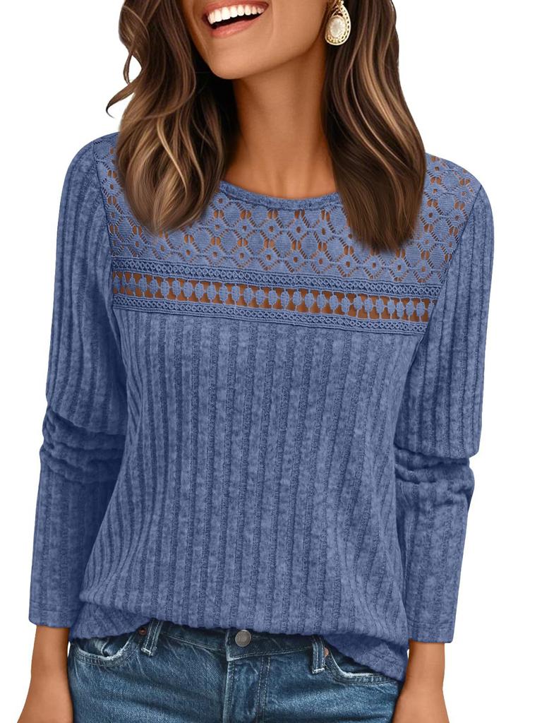 Women's Round Neck Long Sleeve Knit Top with Lace Insert and Contrast Band