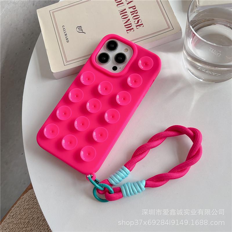 Minimalist Solid Color Drop-Proof Phone Case with Suction Cup Lanyard for iPhone 11/12/13/16 and 15 ProMax.