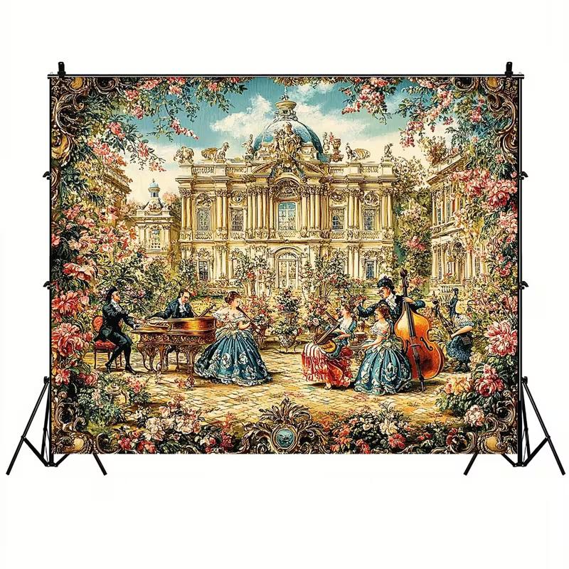 2D Rococo Palace Garden Tapestry, Vintage Musician Backdrop 47.2x31.5inch/120*80cm