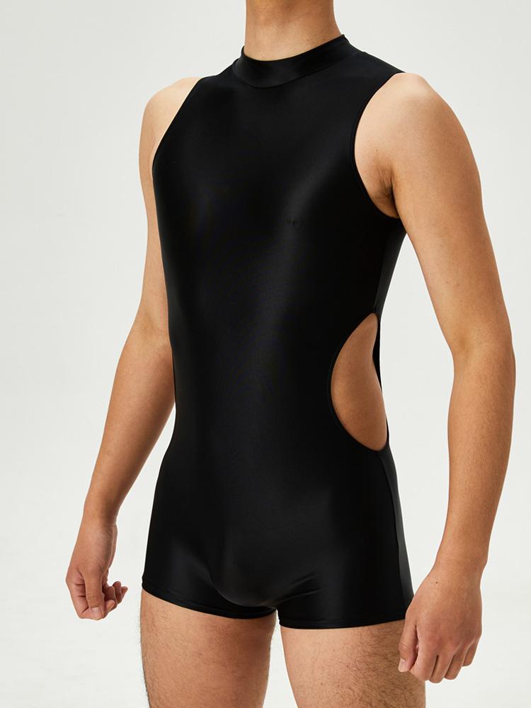 Sexy Herren-Einteiler Ausgeschnittenes Bodysuit Unisex Strumpfhose Elastisches Leotard Öl Glänzend Glatt Leotard Formgebender Jumpsuit