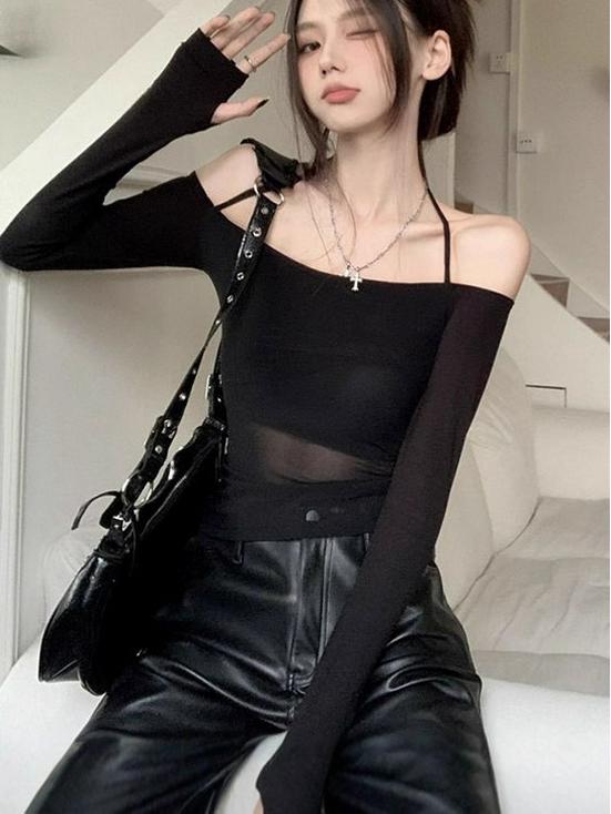 Women's Spicy Girl Mesh One-Shoulder Ice Silk Sun Protection Long Sleeve Halter Top