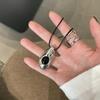 Y2K Teardrop Trendy Pendant Necklace for Women Black Stone Waterdrop Pu Leather Chain Long Necklace Modern Jewelry