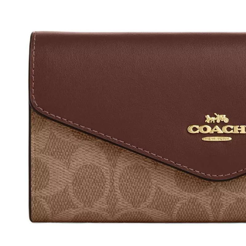 COACH 19 Classic Brand Logo Leather Envelope Wallet Regular Women's Tan with Brown Tan and brown