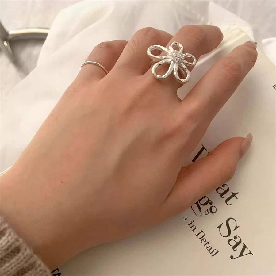 S sterling silver large flower ring heavy industry temperament exaggerated ring versatile open index finger ring