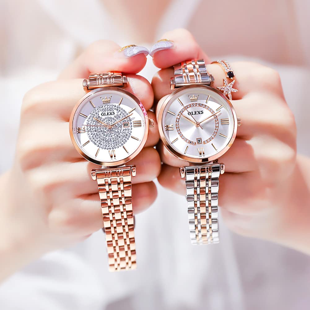 OLEVS Simple Date Rose Diamond Double Folding Wine Red Women's Watch, Casual, Display, Waterproof, Gold, Dial, Clasp, Gift,