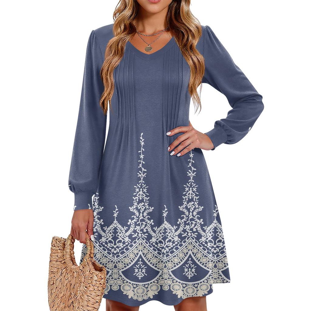 Damen Bedrucktes Lässiges und Modisches V-Ausschnitt Langarm Midikleid