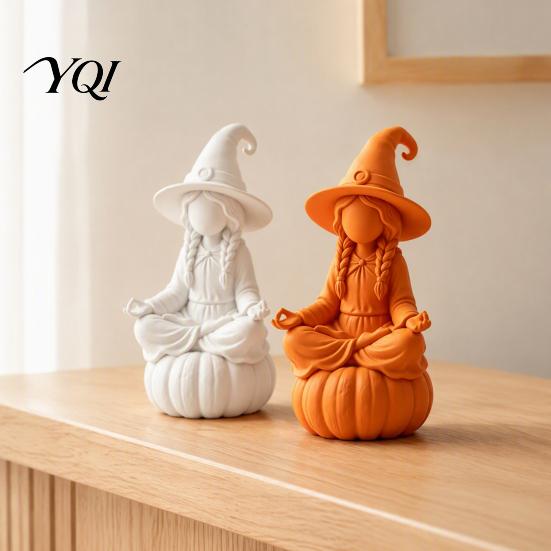 3D Printed Pla Ornaments Meditating Witch Figurine on Pumpkin Base, Minimalist Personalized Holiday Party Decor Halloween Autumn Desktop Statue,