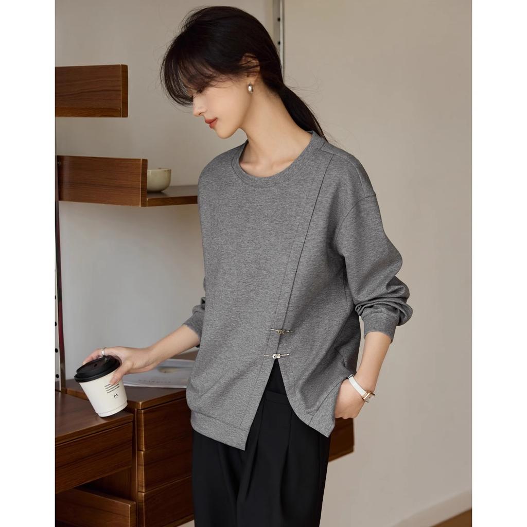 Loose Slit New Chinese Sweatshirt Autumn New Fashionable Casual Simple Sweatshirt for Women