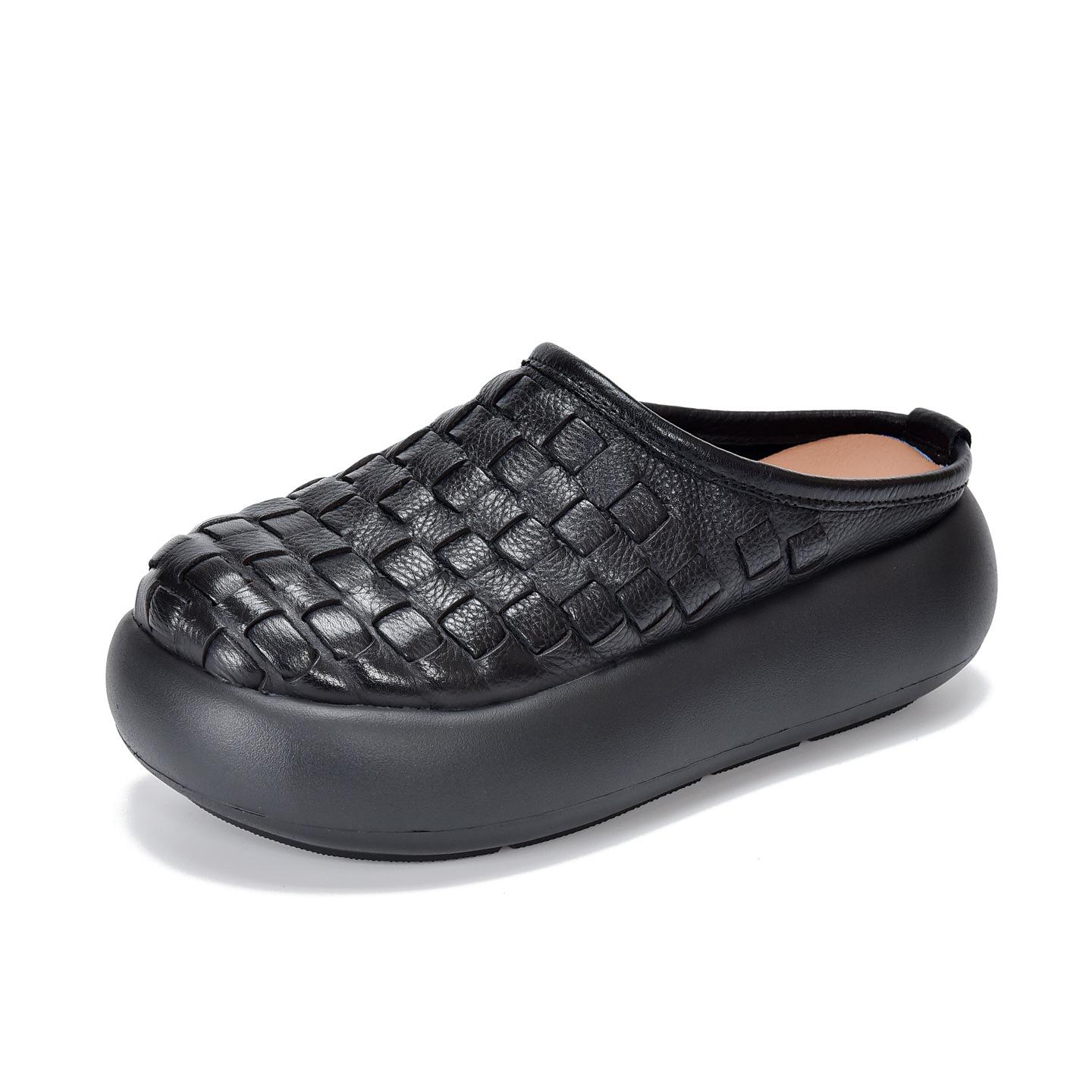 

Johnature Genuine Leather Woven Slippers Versatile Thick Soled Round Toe Women s Outdoor Slides 31 чёрный