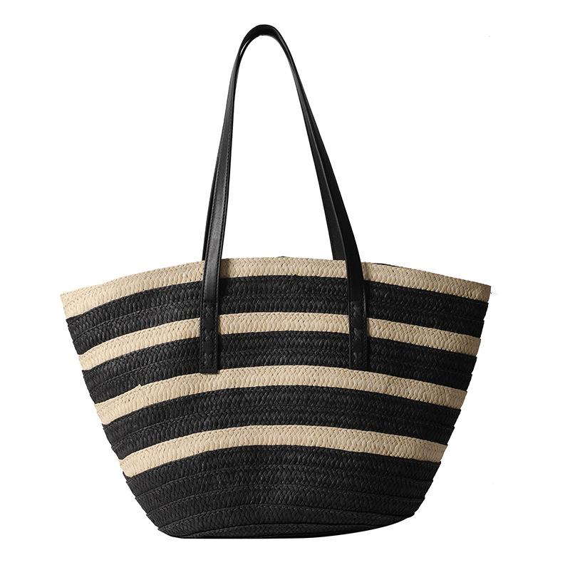 

Весенне-летние повседневные соломенные плетеные сумки контрастных цветов большой вместимости, пляжный отпускной стиль, нишевые сумки через плечо для женщин чёрный