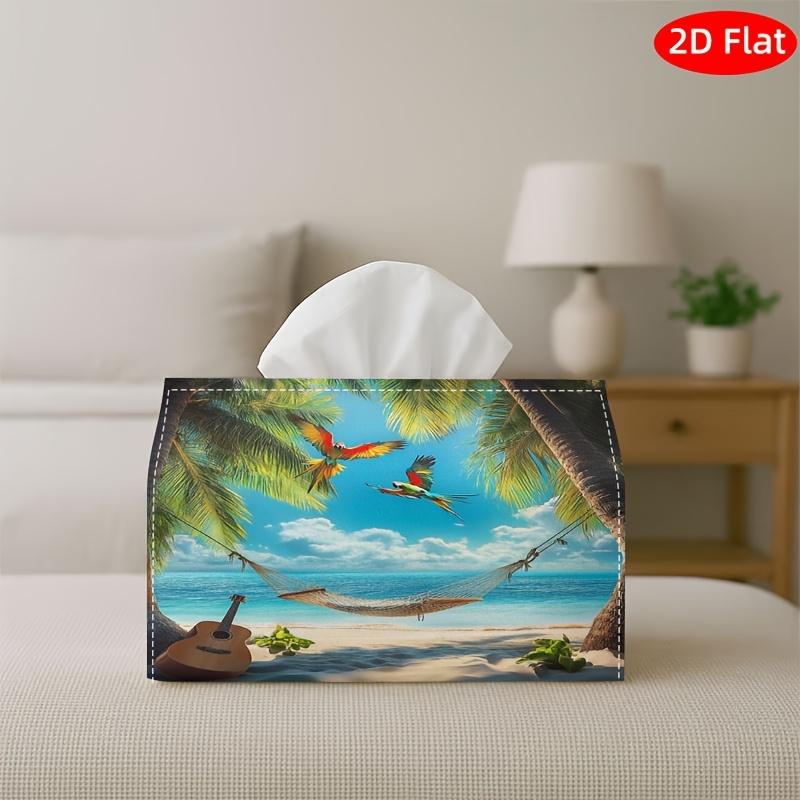 1pc Tissue Box, 2D Flat, A Tropical Beach Scene with Palm Trees, Blue Water. Living Room, Bedroom, Bathroom, Car-Holiday Decor, Bathroom Accessory Vin