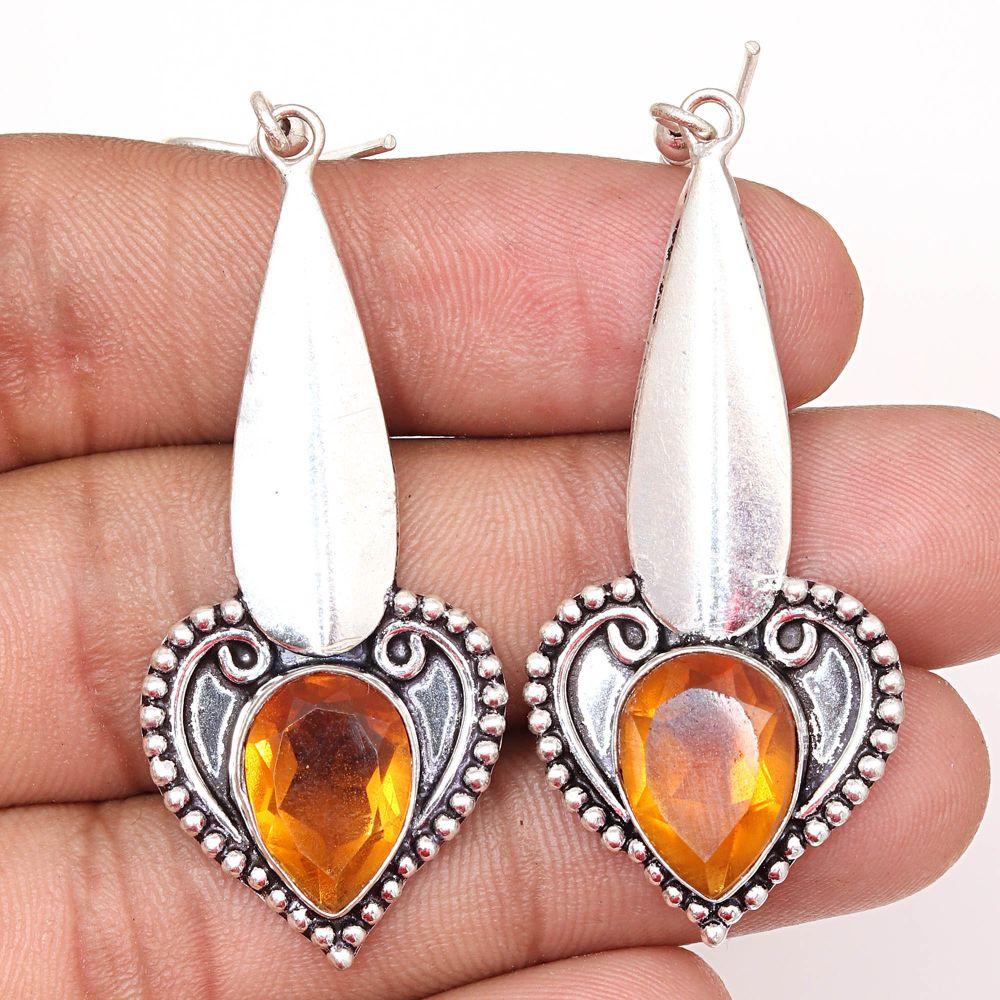Citrine Quartz Gemstone Handmade Silver Jewelry Earrings 1.5''