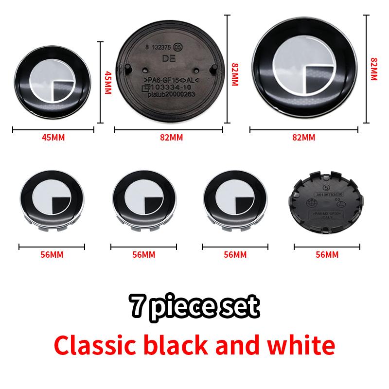 Car Black White BMW Logo Front Hood Emblem 82mm Rear Badge 74mm Wheel Hub Cap 68mm 56mm steering wheel sticker 45mm Accessories