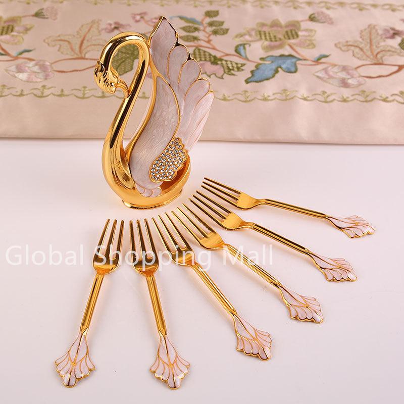 Metal Swan Base Holder Tableware Organizer with 6 Spoons or Forks Small Delicate for Coffee Fruit Dessert Ice Cream Cake