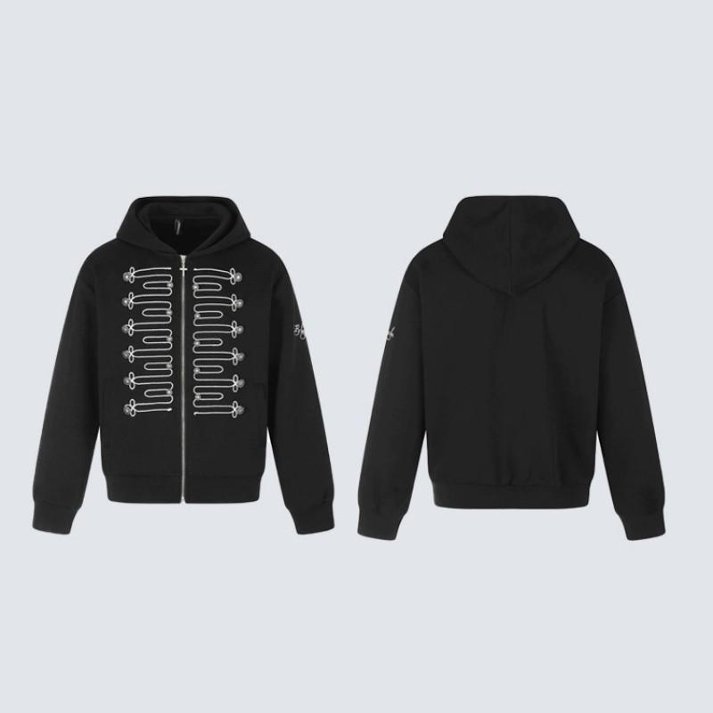 Mens Vintage Military Style Hooded Zip-Up Sweatshirt With Embroidered Knot Detail Metal Rivet Cross Zip