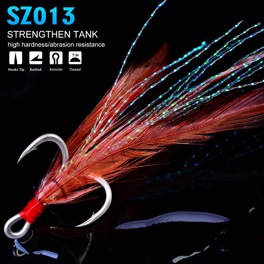 PRO BEROS Triple Fish Hooks with Feather Pendant - Barbed Au Jin Fishing Tackle