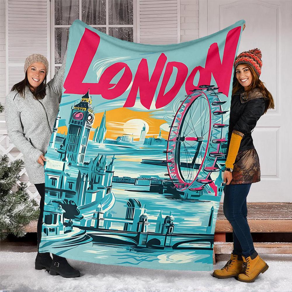 1pc London Landmarks Throw Blanket Polyester Fiber, Lightweight Flannel, Soft & Warm, All Season Use for Outdoor, Camping