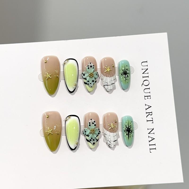 Handmade Press On Nails 3D Handcarved Almond Shape False Green