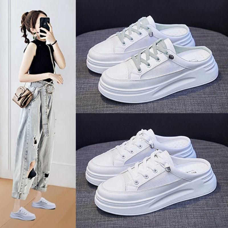 New Summer Half Slippers Women's Outer Wear Fashion Shoes Mesh Breathable White Shoes Korean Shoes Sandals Flats
