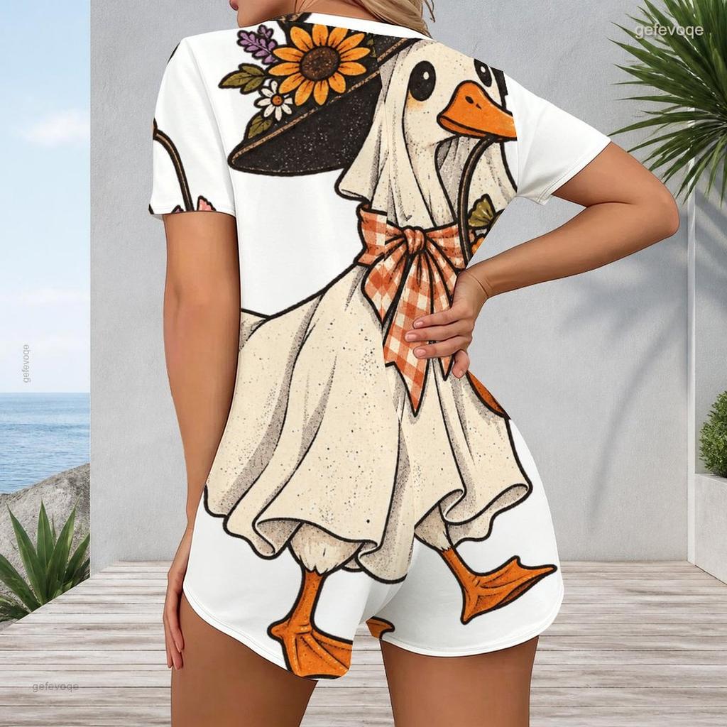 Women Plus Size V Neck Short Sleeve Halloween Printed Button Front Fitted Short Romper