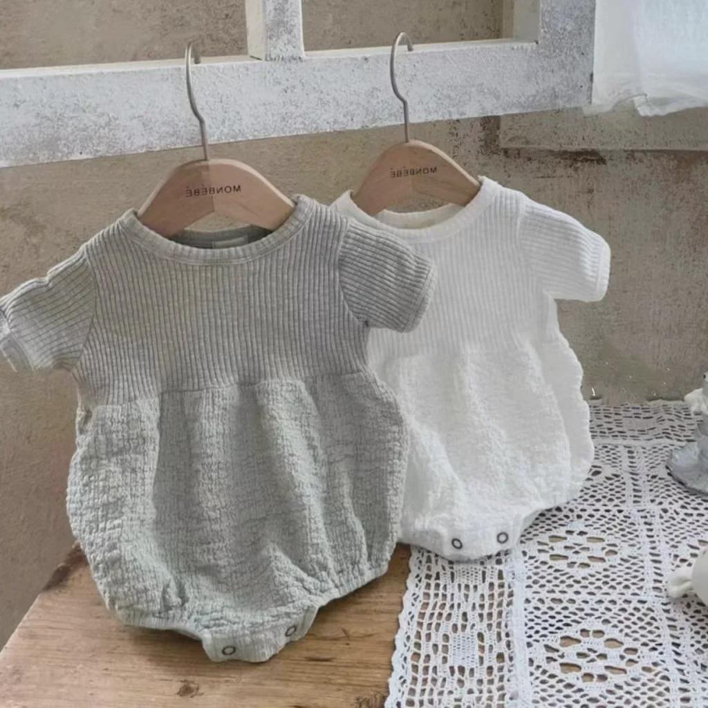 "Korejská žebrovaná dětská kombinéza s puf rukávy - Letní styl pro chlapce a dívky"