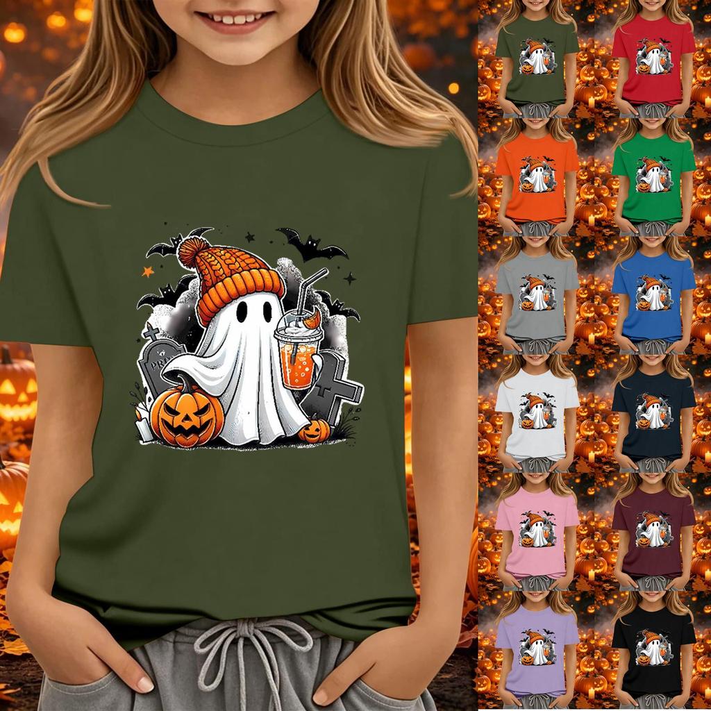 Kids' Halloween Printed Short Sleeve Neck T-Shirt, Loose Fit Top