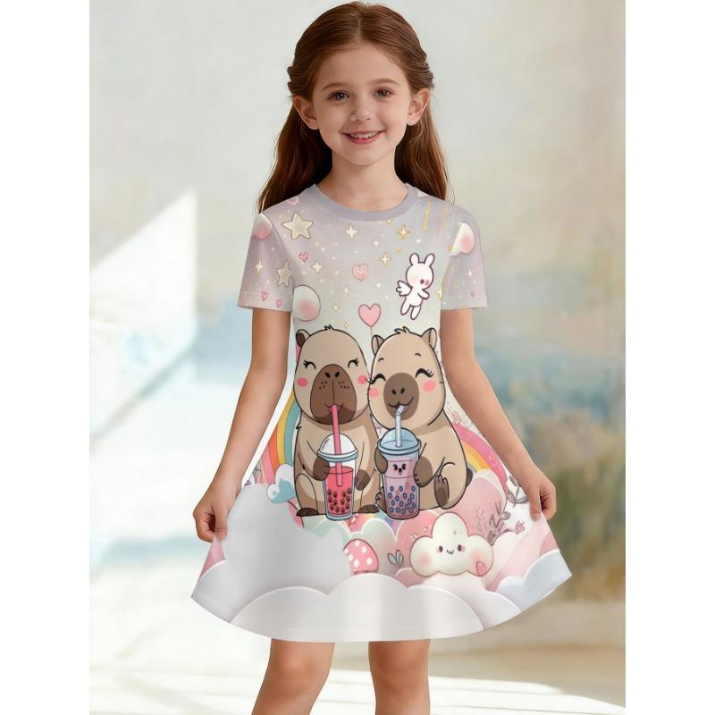 Soft and Breathable Purple Starry Sky Fairy Printed Short Sleeved Casual Dress Suitable for Birthdays and Parties in Summer