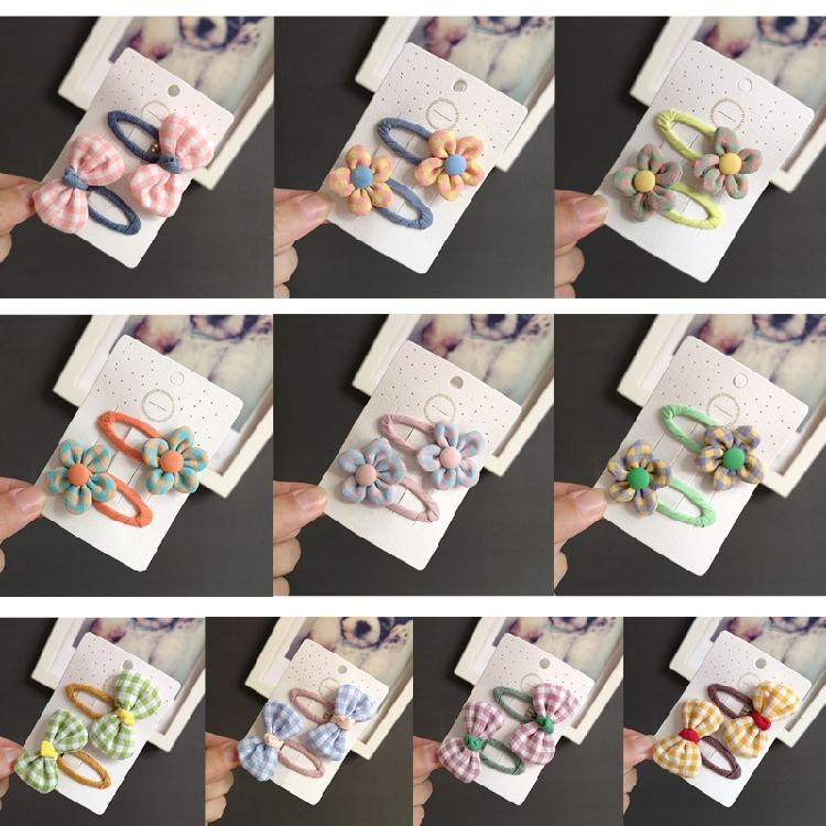 Lovely Flower Hair Clip Plaid Bow Snap Clip Non Slip Wrapped Hairpins for Kids