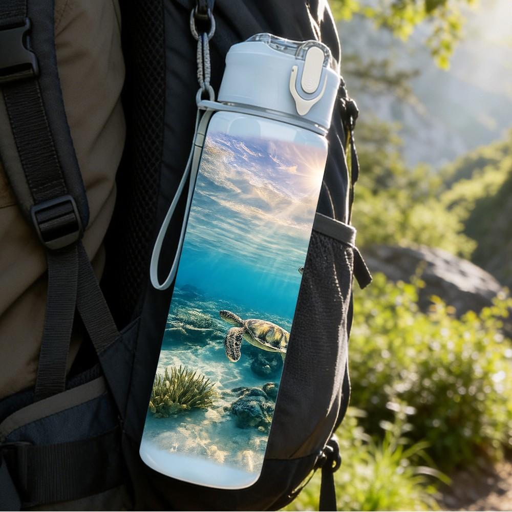 1PC Underwater Ocean Sea Turtle Print 750ml Color Plastic Sports Water Bottle Leakproof Flip Straw Lid Suitable for Sports Office Home Use