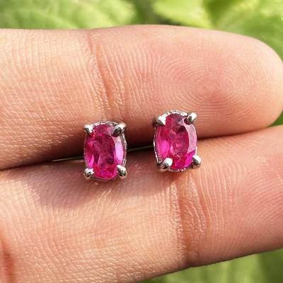 Natural Pink Ruby Earrings 6x5 Mm 925 Sterling Silver Oval Cut Stud Gemstone Jewelry Gift